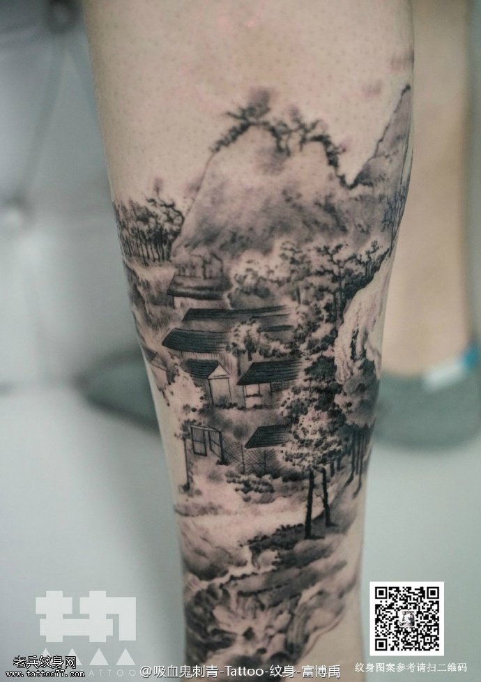 大腿上水墨中国画纹身图案
