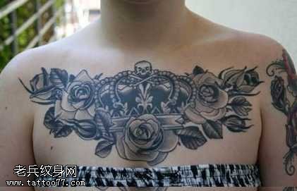胸前玫瑰花school纹身图案