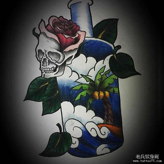 色彩酒瓶骷髅纹身图案
