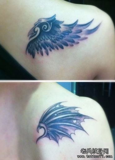 肩背一款情侣天使恶魔翅膀纹身图案