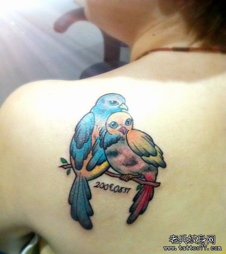 女生肩背彩色小鸟纹身图案