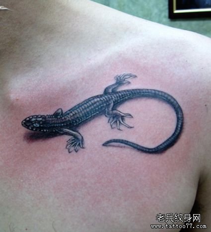 胸部一款黑白蜥蜴纹身图案