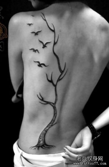 美女背部时尚唯美的图腾树与小鸟纹身图案