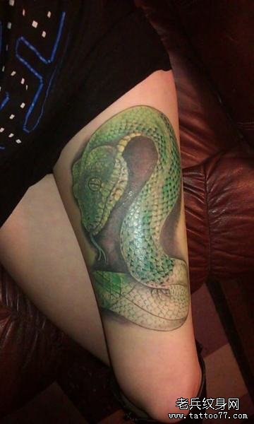 美女腿部一款彩色蛇纹身图案