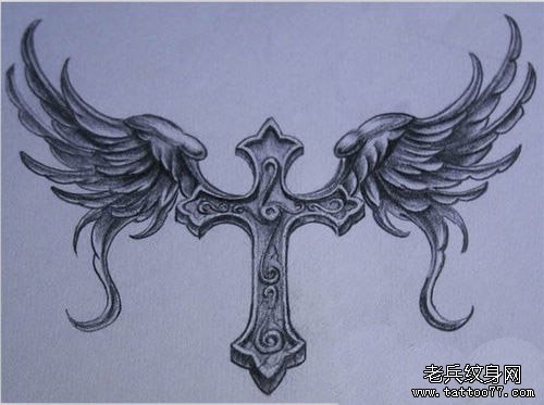黑白十字架翅膀纹身手稿