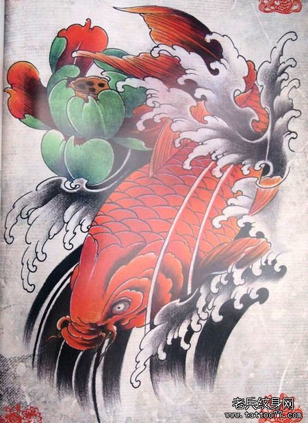 漂亮的彩色鲤鱼莲花纹身图案
