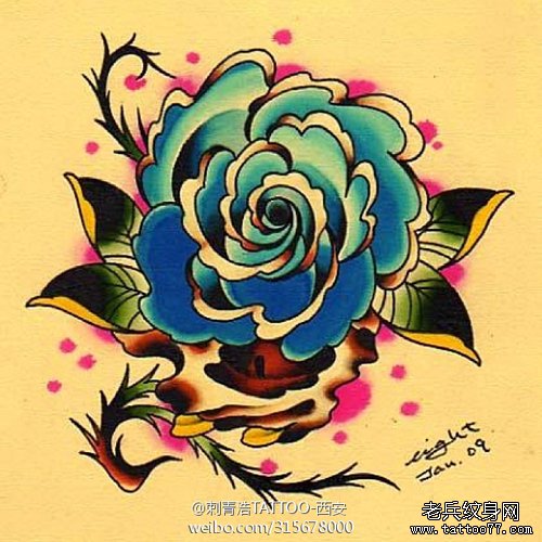 一款漂亮的欧美风格的玫瑰花纹身手稿