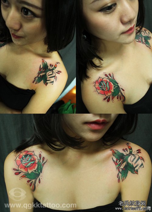 美女肩膀处漂亮的玫瑰花纹身图案