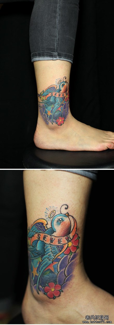 女生腿部好看的彩色燕子纹身图案