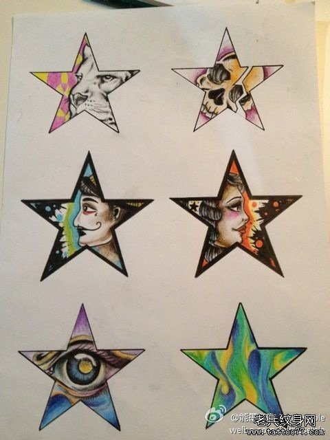 一组经典的五角星纹身手稿