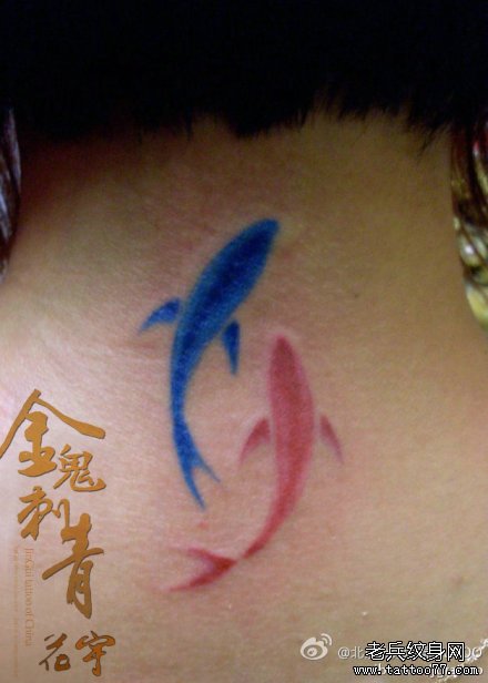 女生脖子处彩色小鱼纹身图案