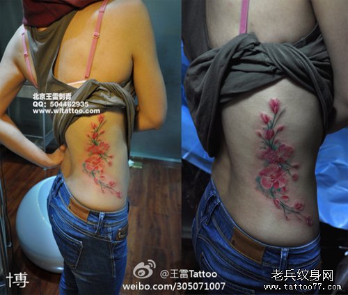 女人腰部好看的彩色花卉纹身图案
