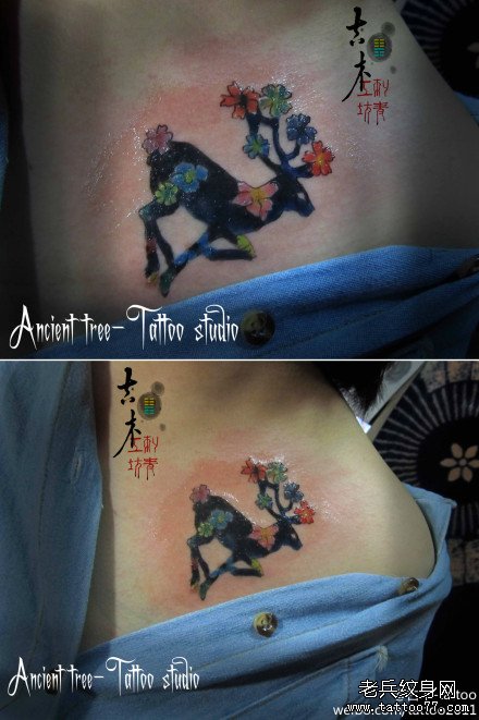 一款女孩子胸前好看的梅花鹿纹身图案