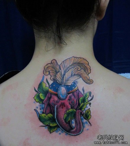 女生背部时尚流行的大象纹身图案