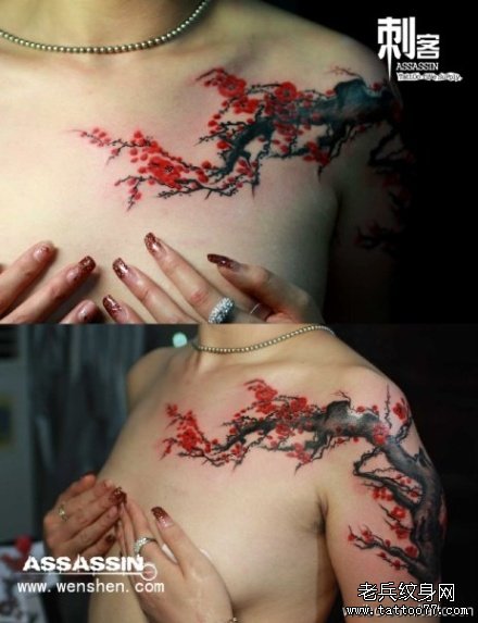 美女手臂到胸部漂亮时尚的梅花纹身图案