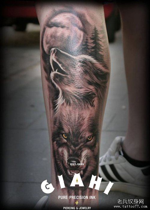 男人腿部超酷的狼头纹身图案