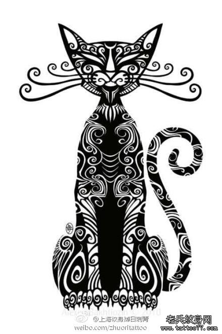 一款时尚经典的图腾猫咪纹身手稿