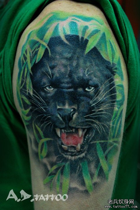 男人手臂超酷经典的黑豹纹身图案