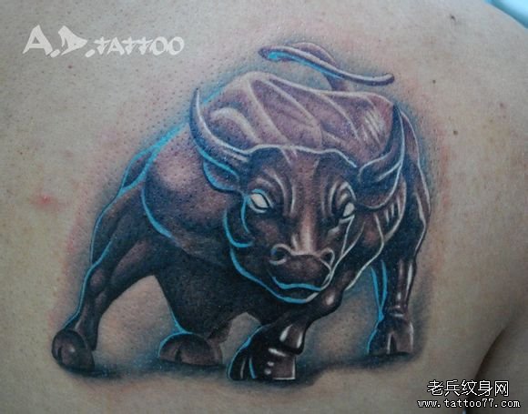 男人肩背超酷经典的一款公牛纹身图案