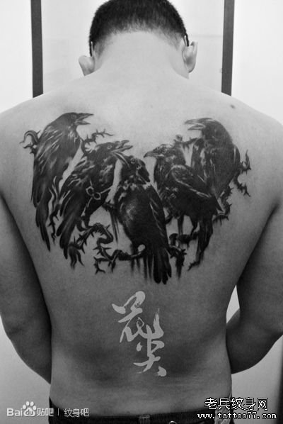 男人后背帅气的乌鸦纹身图案