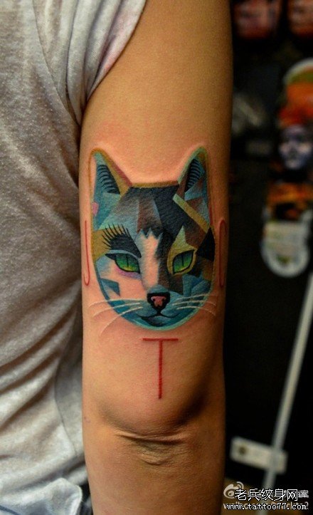 手臂一款概念风格的猫咪纹身图案