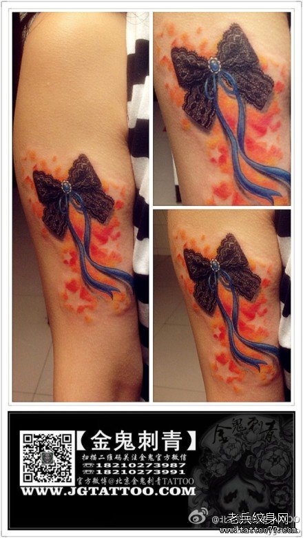 手臂潮流精美的蕾丝蝴蝶结纹身图案