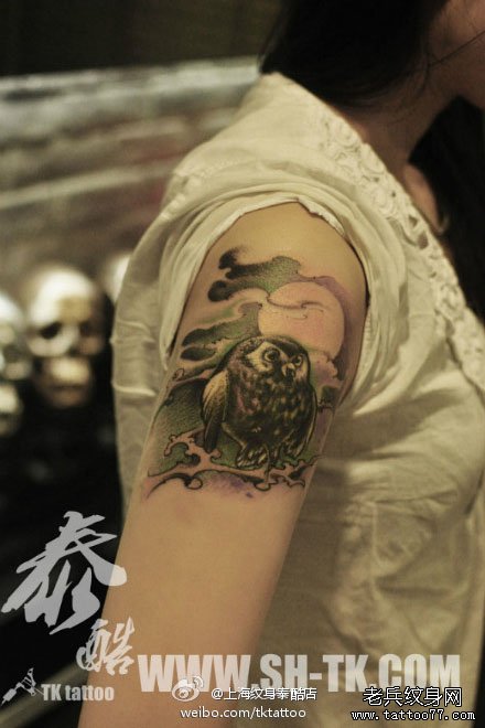 手臂经典潮流的猫头鹰纹身图案