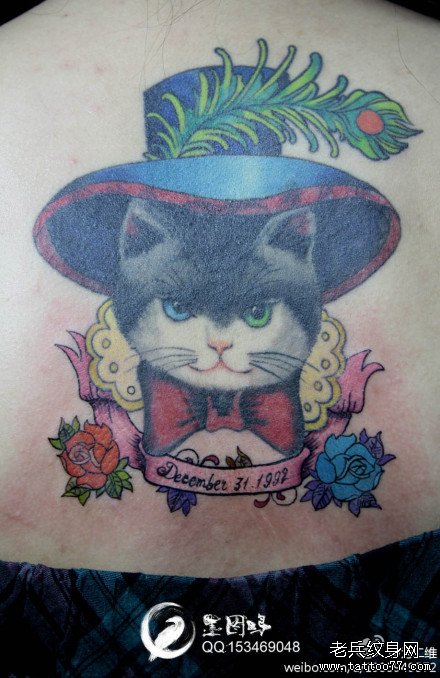 女生后背潮流可爱的猫咪纹身图案