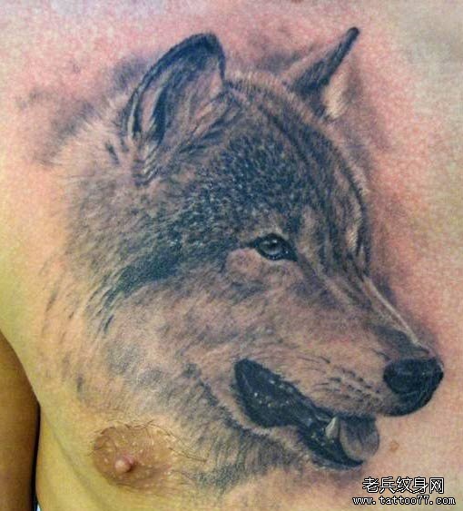 男人前胸潮流经典的狼头纹身图案_武汉纹身店