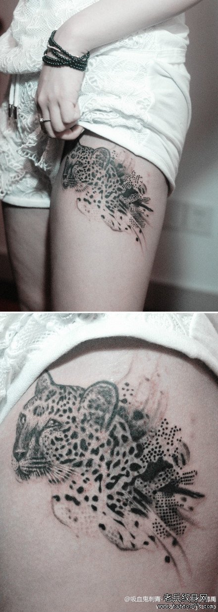 女生腿部经典帅气的豹子纹身图案