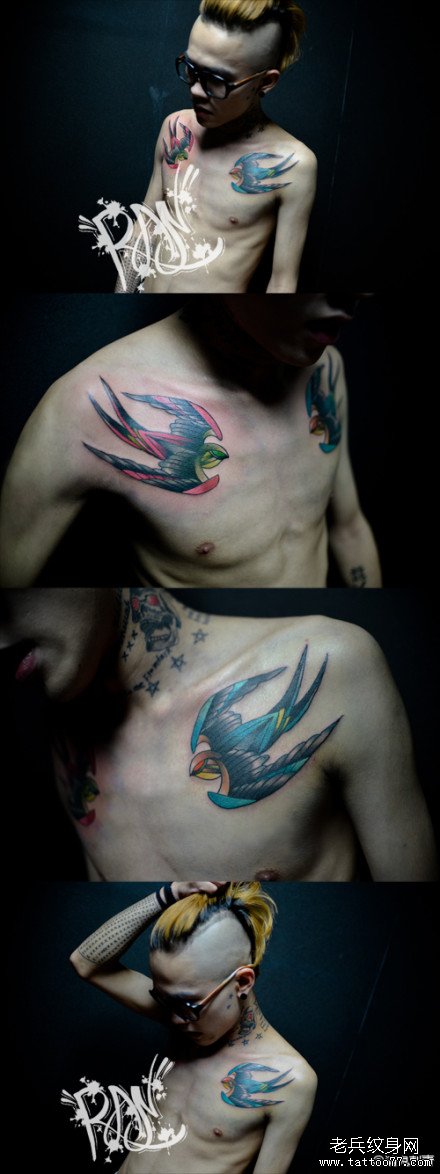 男生前胸潮流经典的小燕子纹身图案