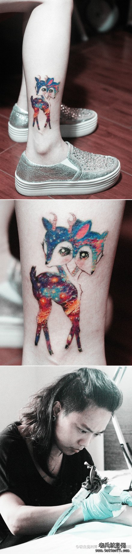 女生腿部可爱潮流的星空鹿纹身图案