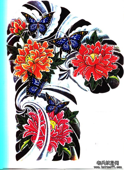 武汉纹身网一款唯美经典日式老传统半胛牡丹蝴蝶纹身图案
