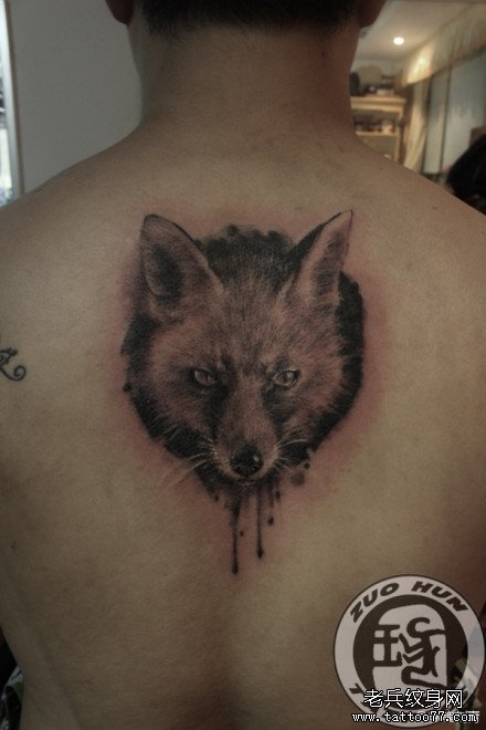 男生后肩背经典潮流的狐狸纹身图案