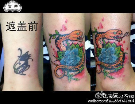 女生腿部一款蛇与玫瑰花纹身图案