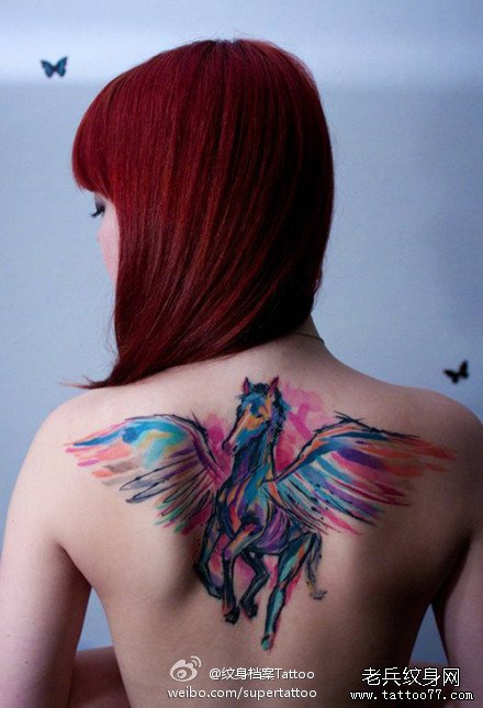 女生后背潮流精美的彩色天马纹身图案