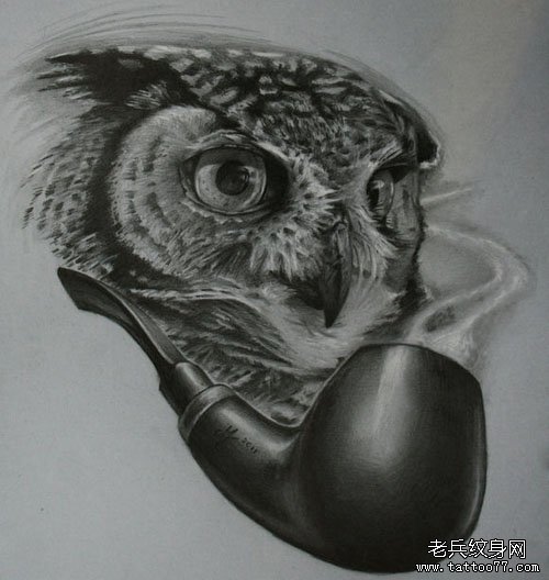 一款经典超酷的黑灰猫头鹰纹身手稿