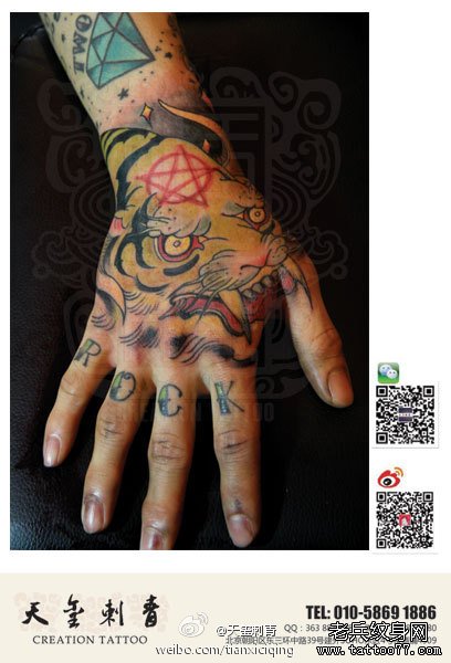 手背经典超酷的一款虎头纹身图案