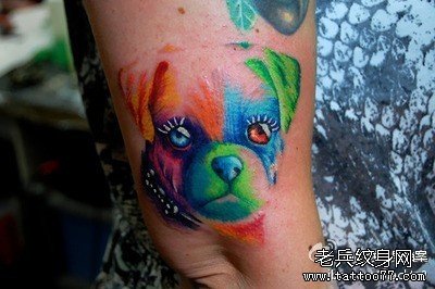 手臂潮流经典的一款彩色小狗纹身图案