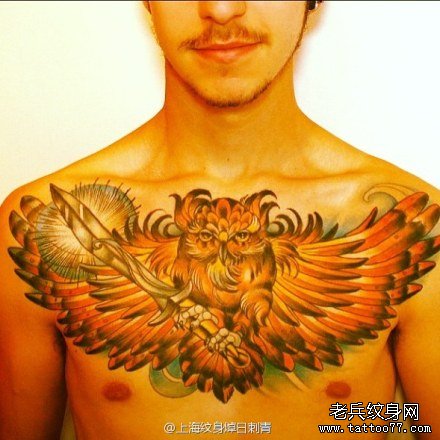 男人前胸超帅的猫头鹰纹身图案