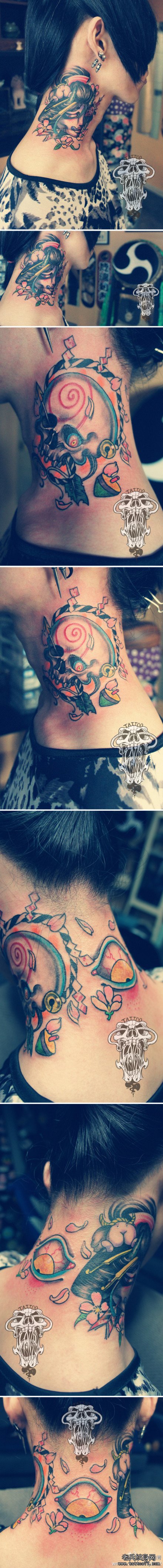脖子处潮流经典的艺妓骷髅与眼睛纹身图案