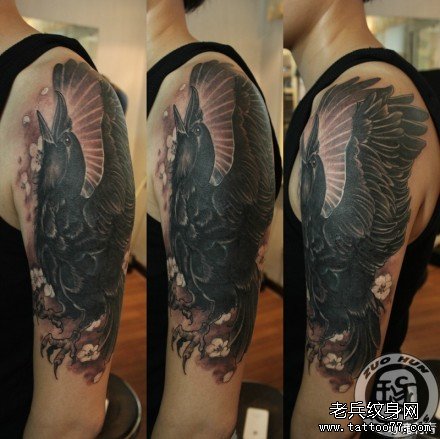 男生手臂一款很酷的乌鸦纹身图案