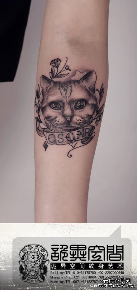 手臂时尚经典的黑灰猫咪纹身图案
