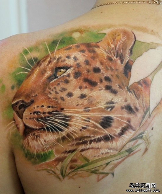 女生后肩背经典很酷的豹子纹身图案