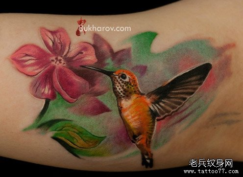 手臂内侧一款潮流好看的蜂鸟纹身图案
