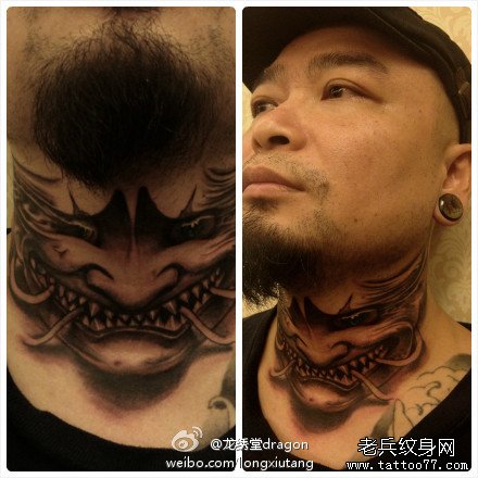 男人脖子处很酷时尚的般若纹身图案