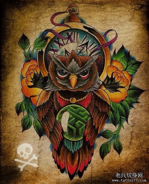 一款时尚很酷的猫头鹰纹身手稿