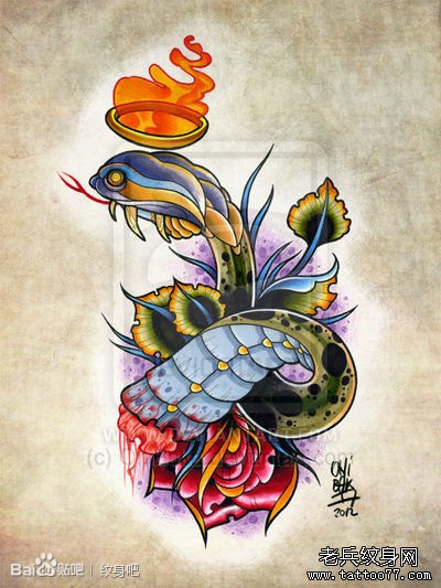 一款时尚潮流的彩色蛇纹身手稿