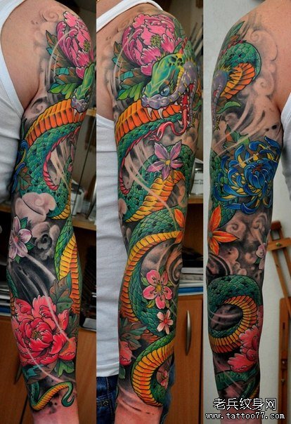 超帅漂亮的彩色花臂蛇纹身图案