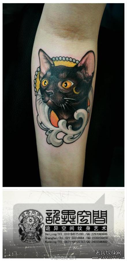 手臂潮流经典的一款猫咪纹身图案